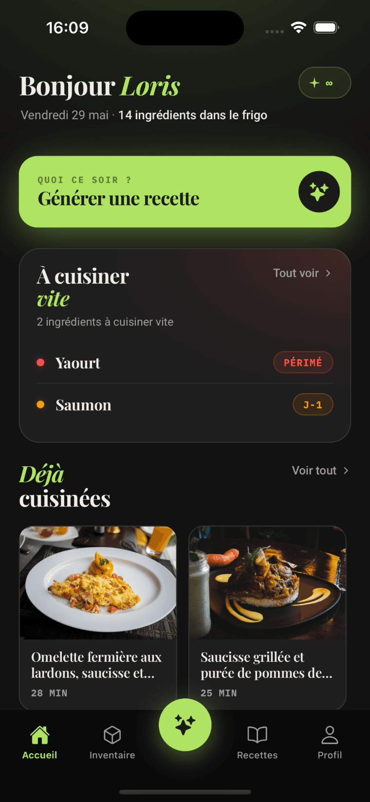 Écran d'accueil Frizz — Mon frigo